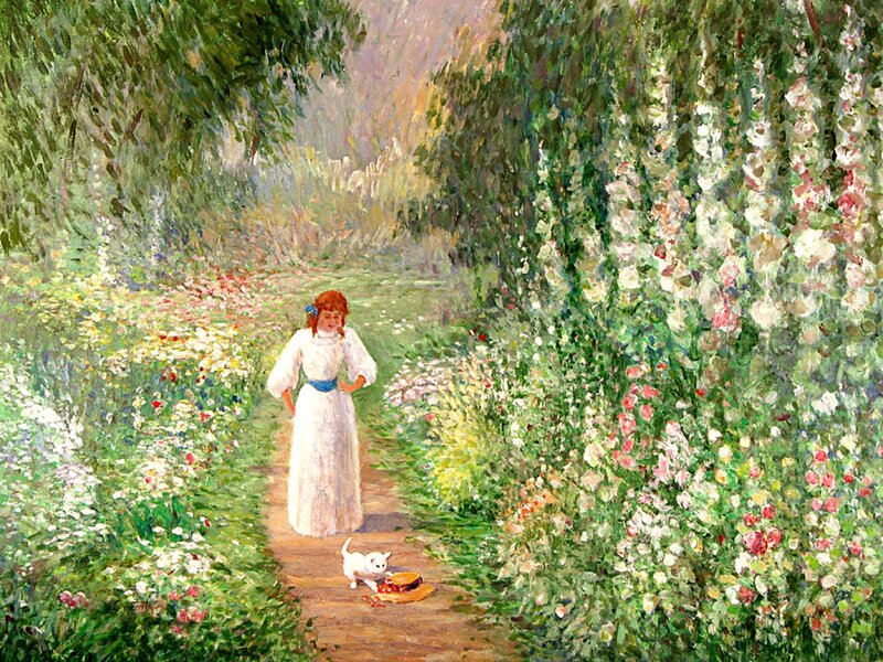 Woman in Garden with Cat
