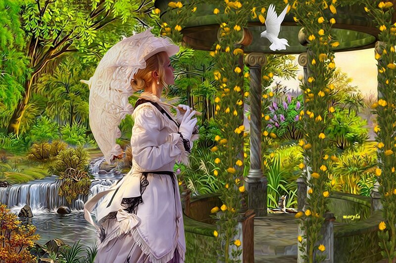 Woman in Garden with Dove