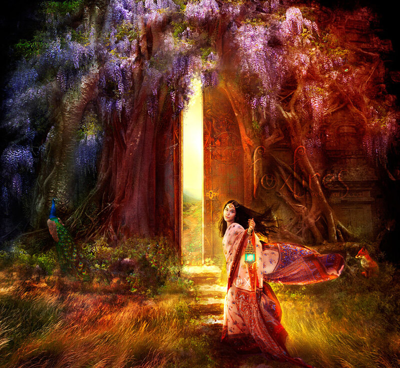 woman in garden with peacock