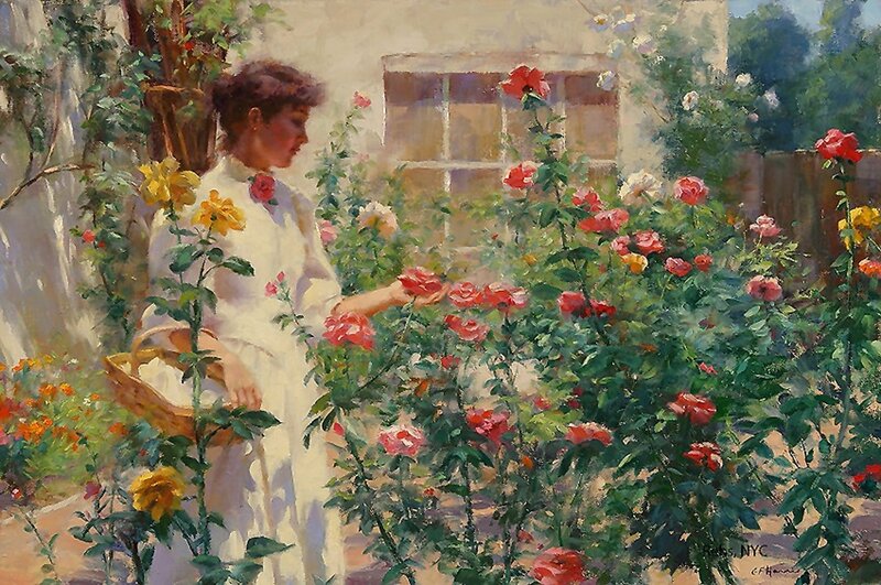Woman in Garden with Roses — White