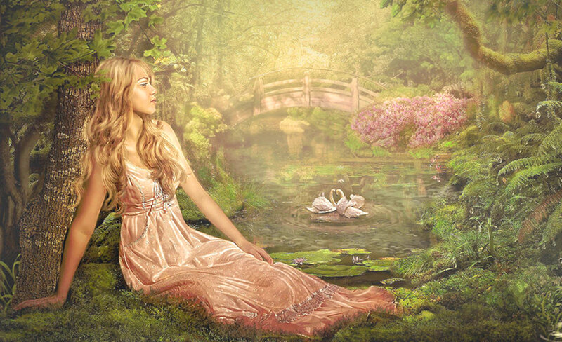 Woman in garden with swans