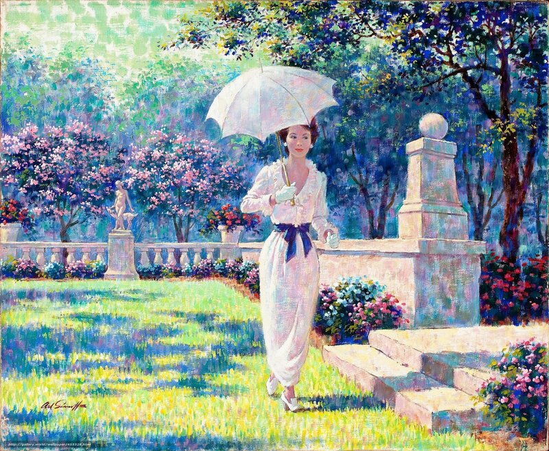 Woman in Garden with Umbrella