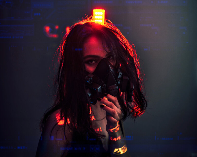 Woman in Gas Mask — Black, Dramatic