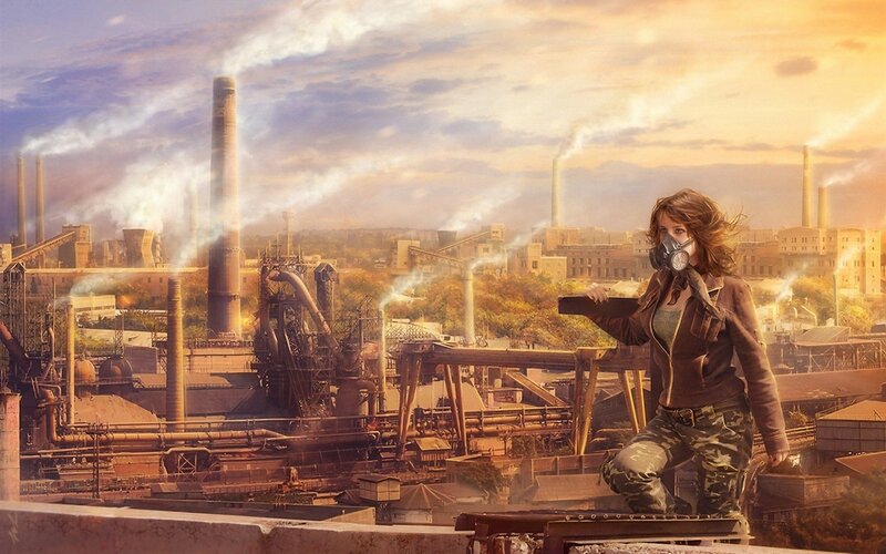 Woman in Gas Mask — Brown, Dramatic