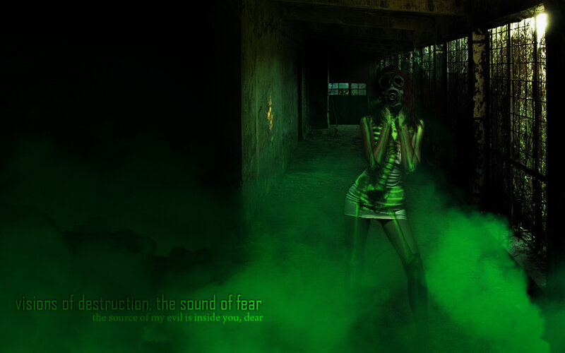 woman in gas mask corridor