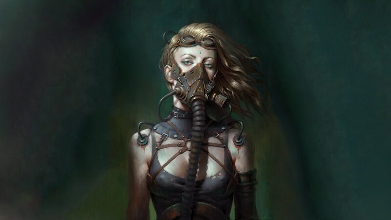Woman in Gas Mask — Green, Dramatic, Digital Art