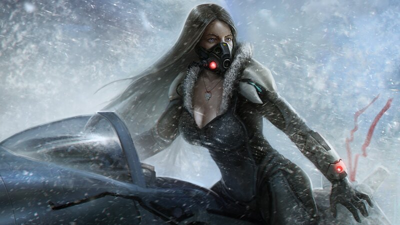 woman in gas mask on snowmobile