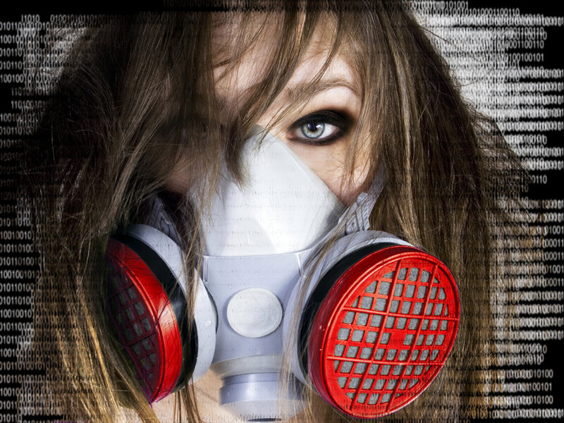 woman in gas mask with binary code