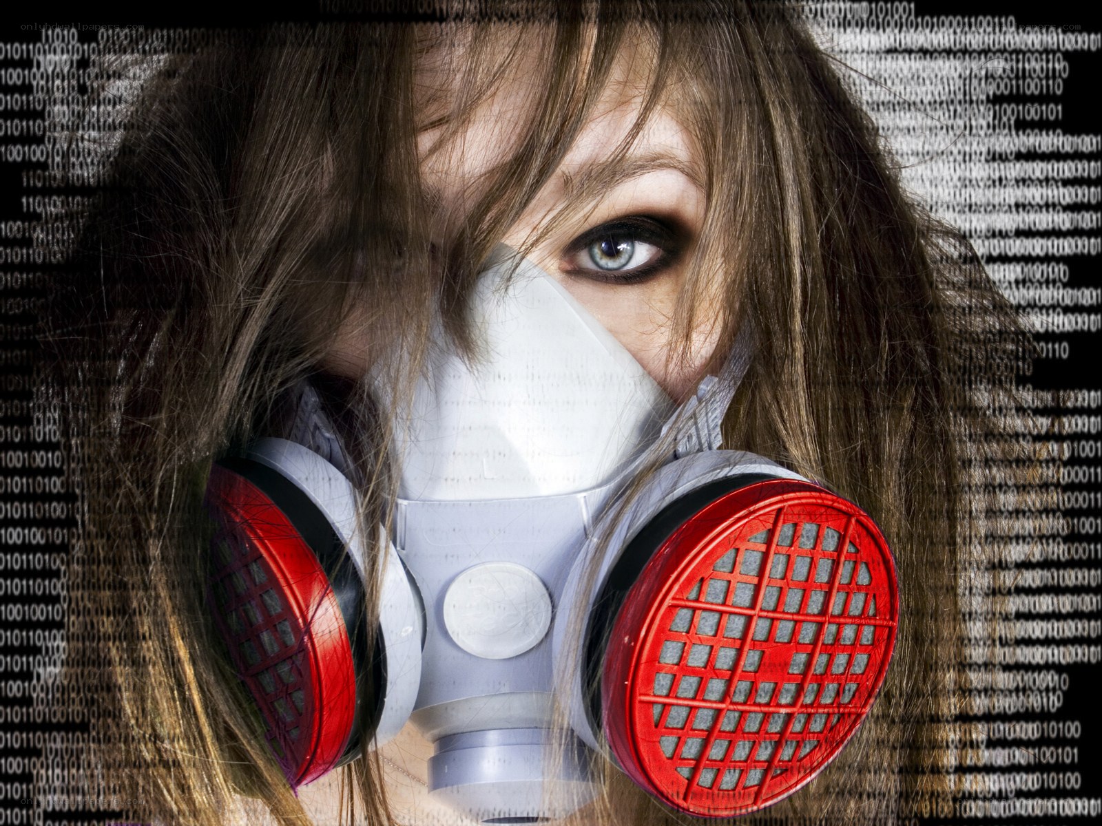 woman in gas mask with binary code