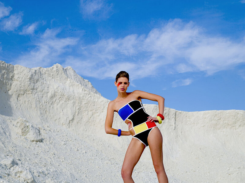 Woman in Geometric Swimsuit — Blue