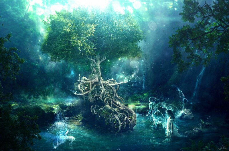 Woman in Glowing Forest — Green, Serene