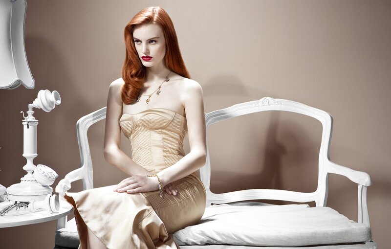 Woman in Gold Dress — Beige, Dramatic
