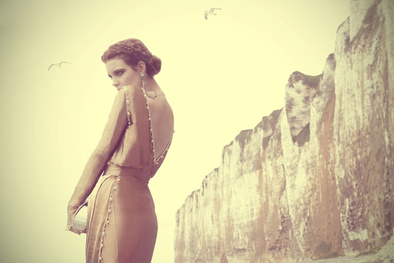 Woman in Gold Dress — Dramatic, Afternoon, Photograph, Cliffs