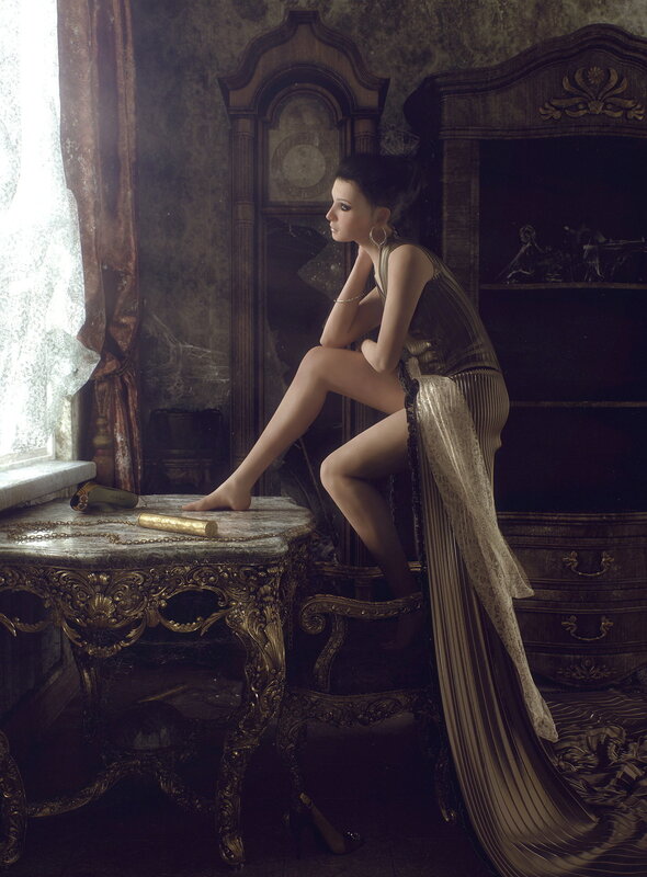 Woman in Gold Dress — Dramatic, Afternoon, Photograph, Table