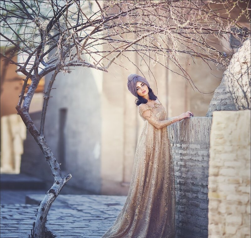 Woman in Gold Dress — Dramatic, Afternoon, Photograph, Tree