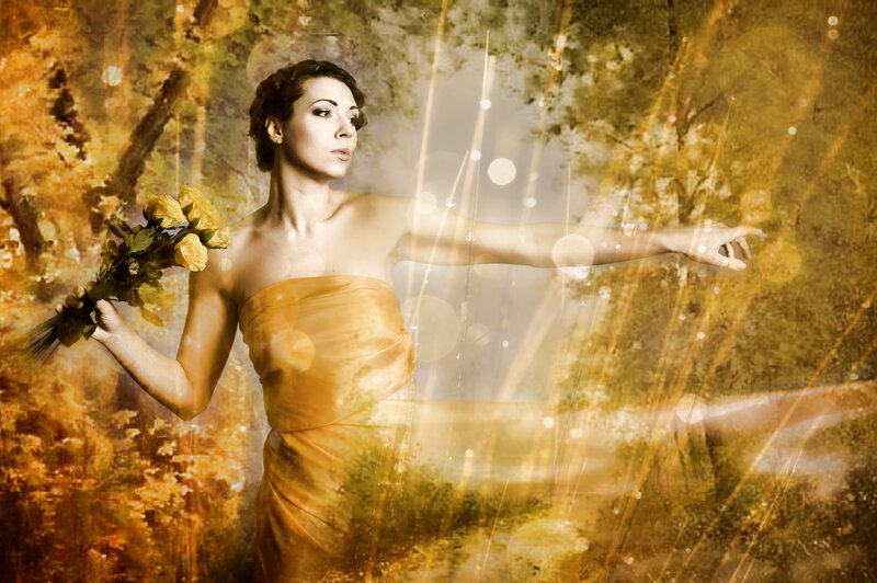 Woman in Gold Dress — Dramatic, Autumn, Digital Art