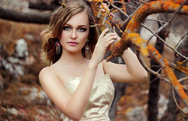 Woman in Gold Dress — Dramatic, Autumn, Photograph, Tree