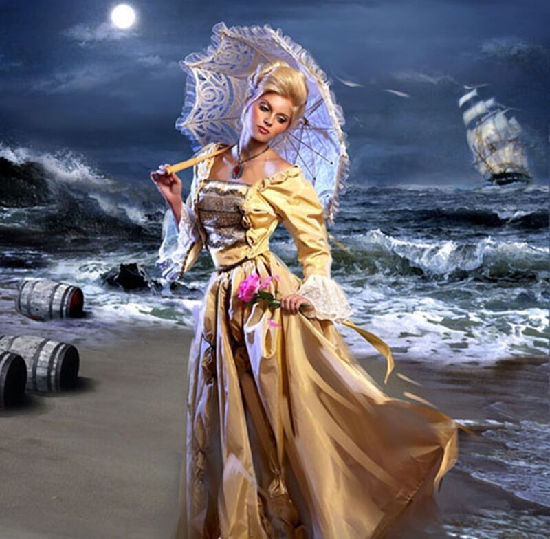 Woman in Gold Dress — Dramatic, Night, Digital Art, Umbrella