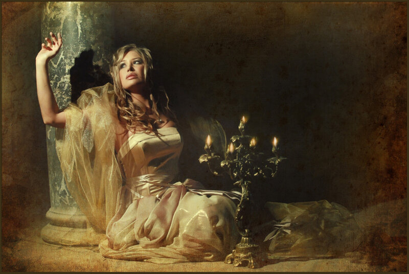 Woman in Gold Dress — Dramatic, Night, Photograph, Candlestick