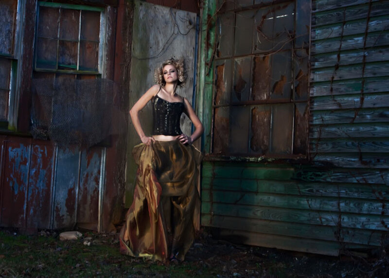Woman in Gold Dress — Dramatic, Night, Photograph