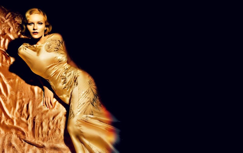 Woman in Gold Dress — Dramatic, Photograph, Bed, Makeup