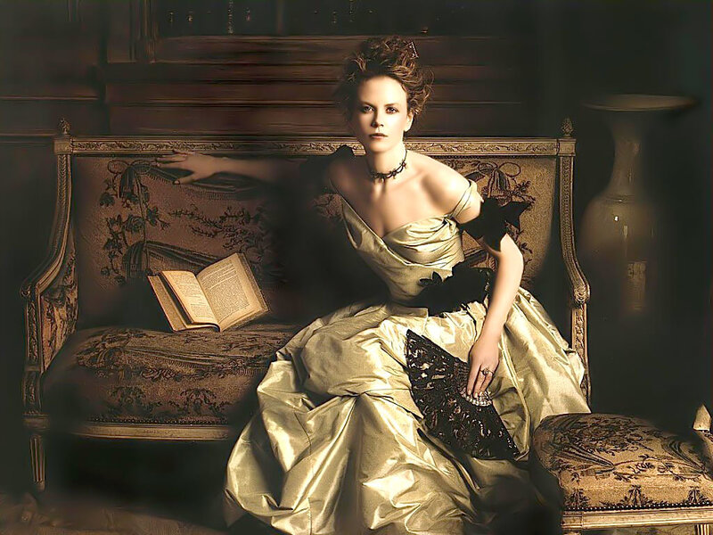 Woman in Gold Dress — Dramatic, Photograph, Book, Couch