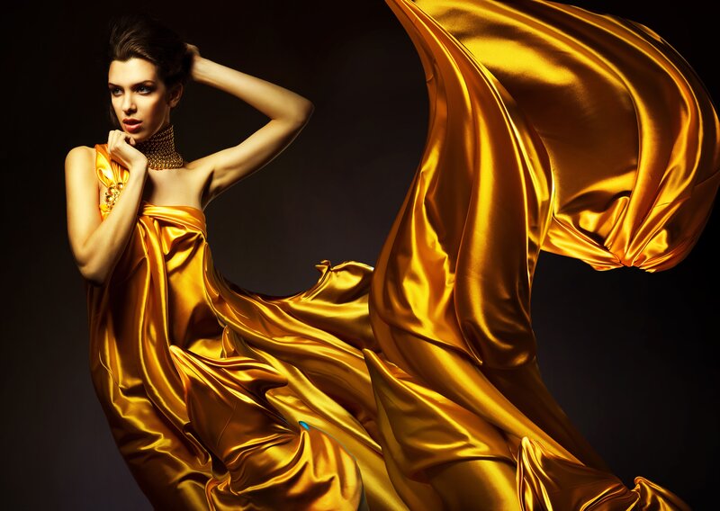 Woman in Gold Dress — Dramatic, Photograph, Jewelry, Dark Background, Black