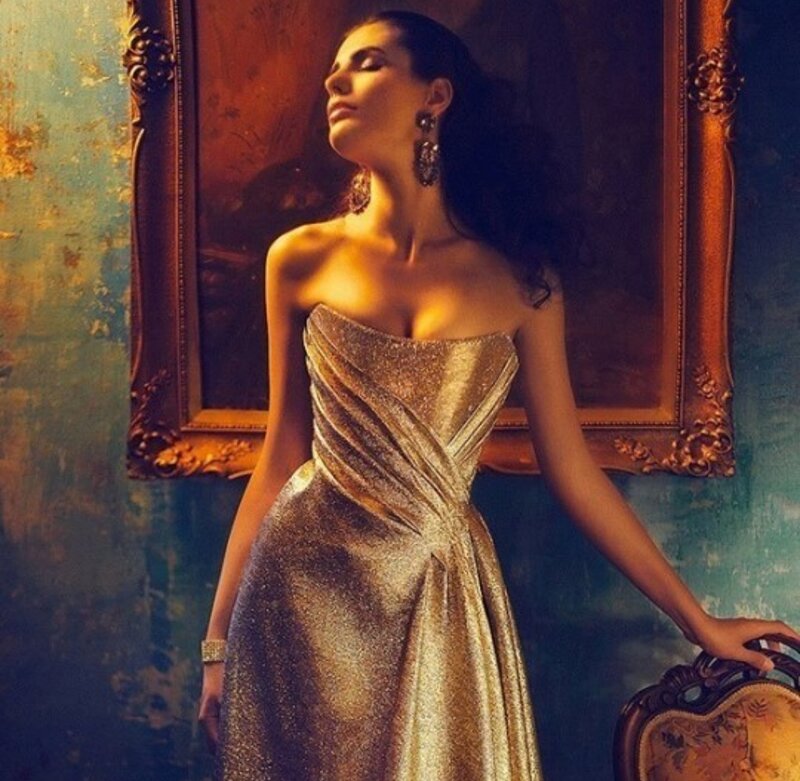 Woman in Gold Dress — Dramatic, Photograph, Painting