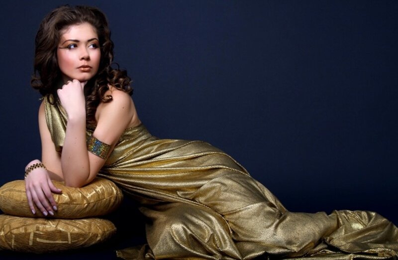 Woman in Gold Dress — Dramatic, Photograph, Pillows