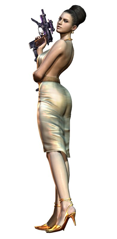 woman in gold dress holding gun