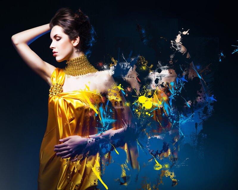 Woman in Gold Dress — Yellow, Dramatic, Digital Art