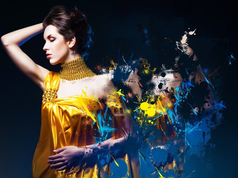 Woman in Gold Dress — Yellow, Dramatic