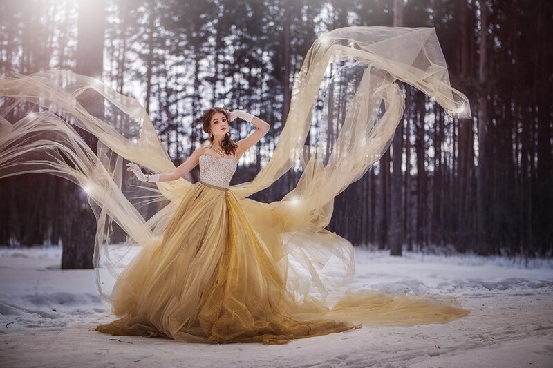 Woman in Gold Gown — Dramatic, Winter