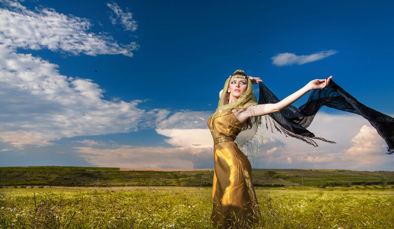Woman in Golden Dress — Blue, Dramatic