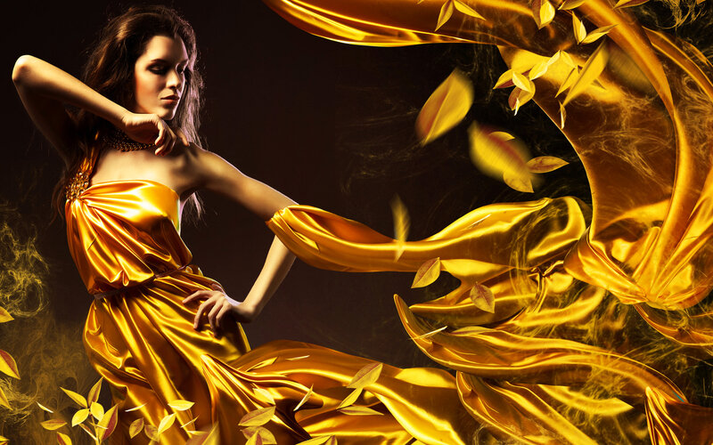 Woman in Golden Dress — Gold, Dramatic, Digital Art, Gold Fabric