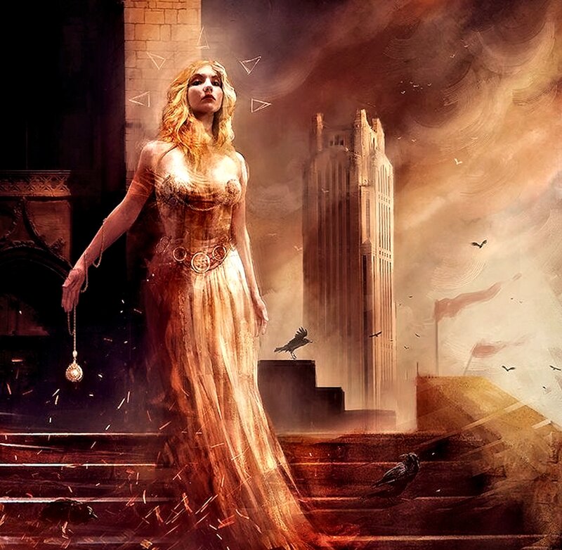Woman in Golden Dress — Gold, Dramatic, Sunset, Digital Art, Crows