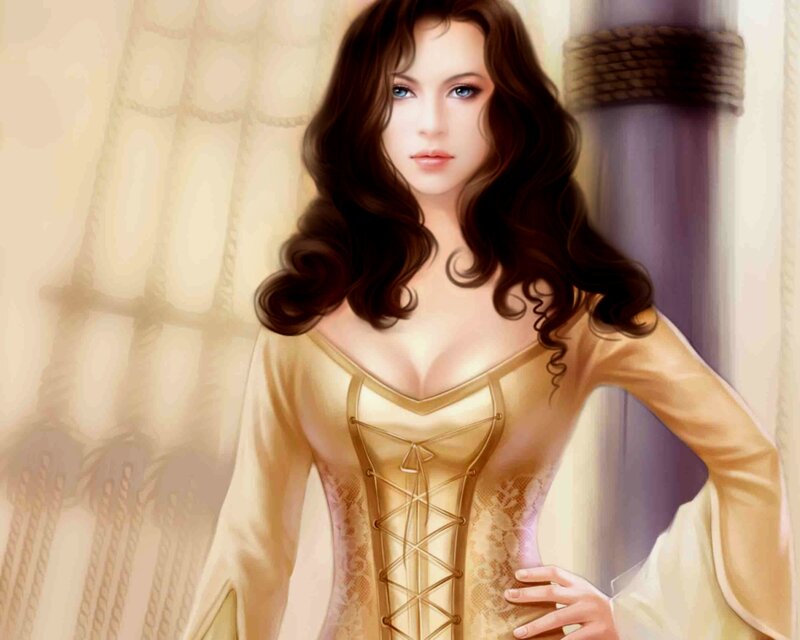 Woman in Golden Dress — Gold, Serene, Digital Art, Corset