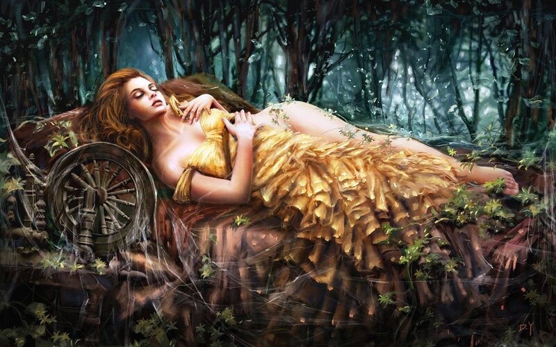 Woman in Golden Dress — Gold, Serene, Night, Digital Art