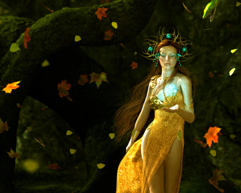 Woman in Golden Dress — Green, Serene