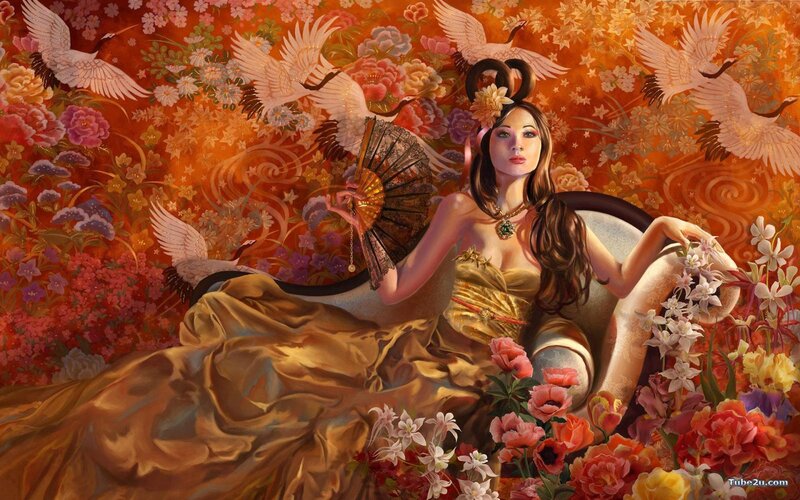 woman in golden dress with cranes