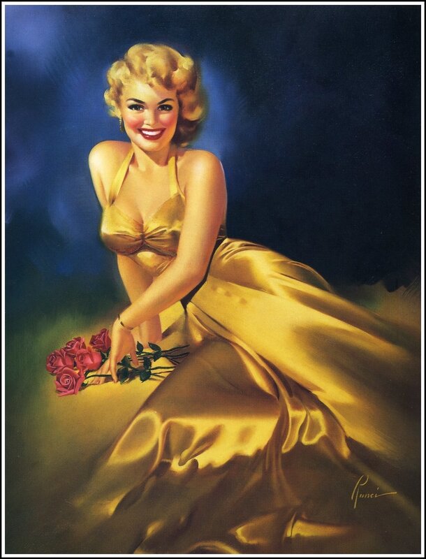 woman in golden dress with roses