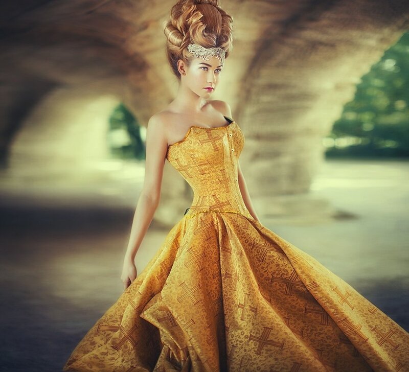 Woman in Golden Gown — Gold, Dramatic, Photograph