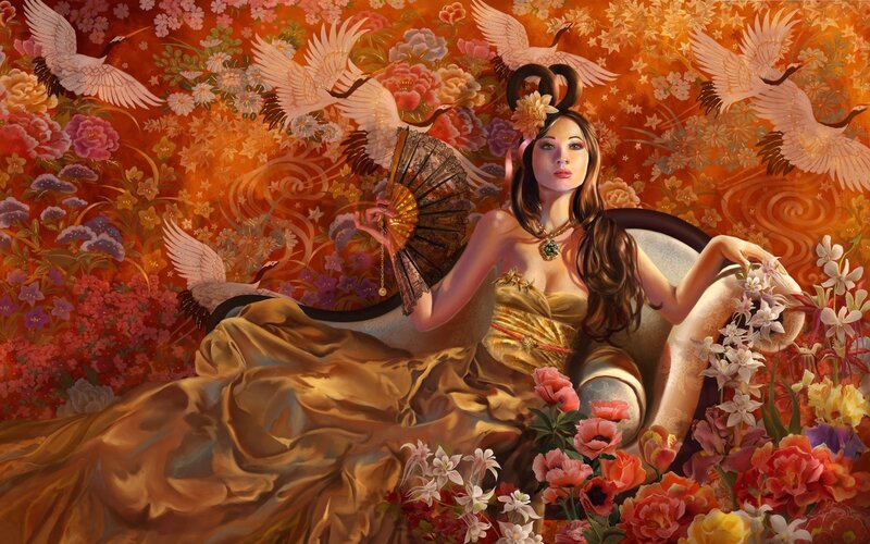 woman in golden gown with cranes