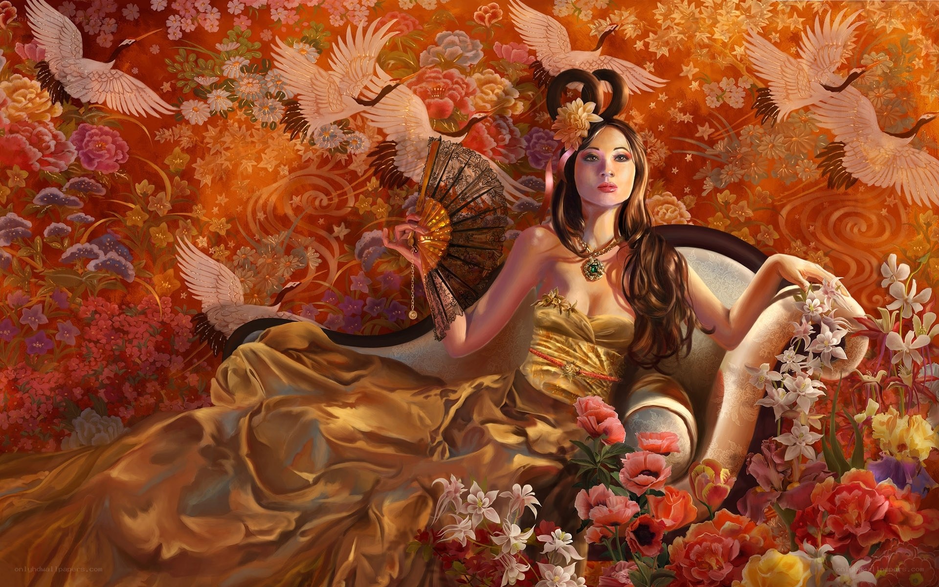 Woman in golden gown with cranes