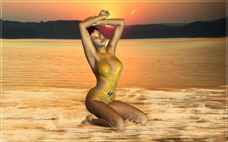 woman in golden swimsuit at sunset