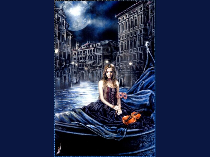 Woman in gondola at night