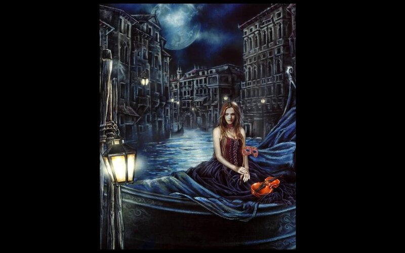 Woman in gondola at night