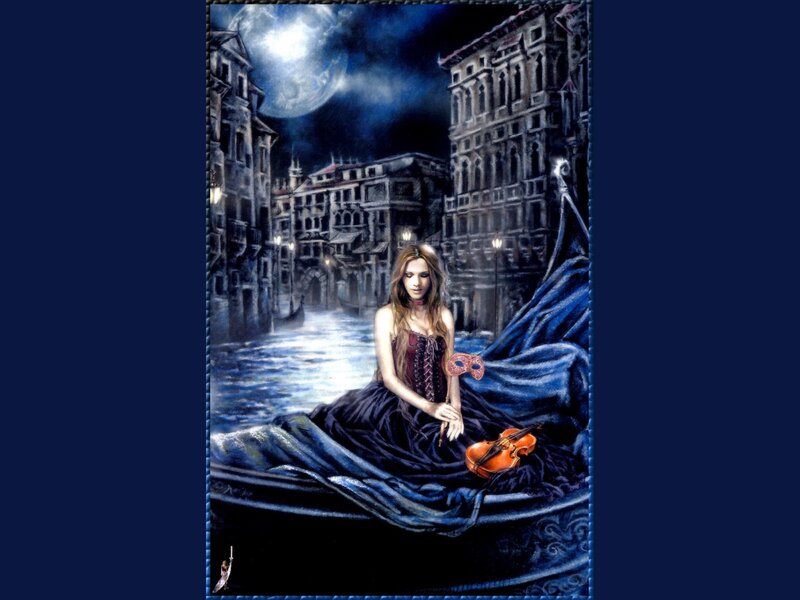 Woman in gondola at night
