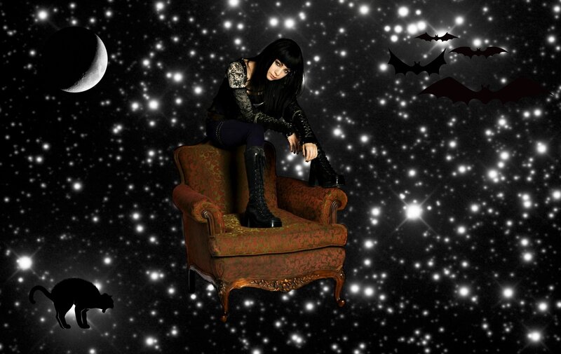Woman in Gothic Attire — Black, Dark, Night, Digital Art, Cat