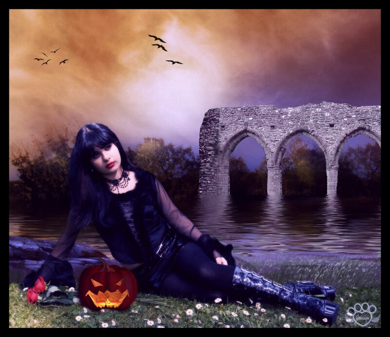 Woman in Gothic Attire — Black, Dramatic, Sunset